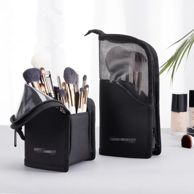 Makeup Brush Case Makeup Brush Holder Travel Waterproof Cosmetic Bag Stand-Up Foldable Makeup Cup with Zipper (Black + Pink)